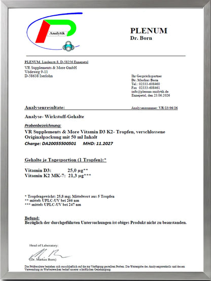 Vitamin D3 + K2 Tropfen Inhalt : 50 ml (ca. 1.700 Tropfen)